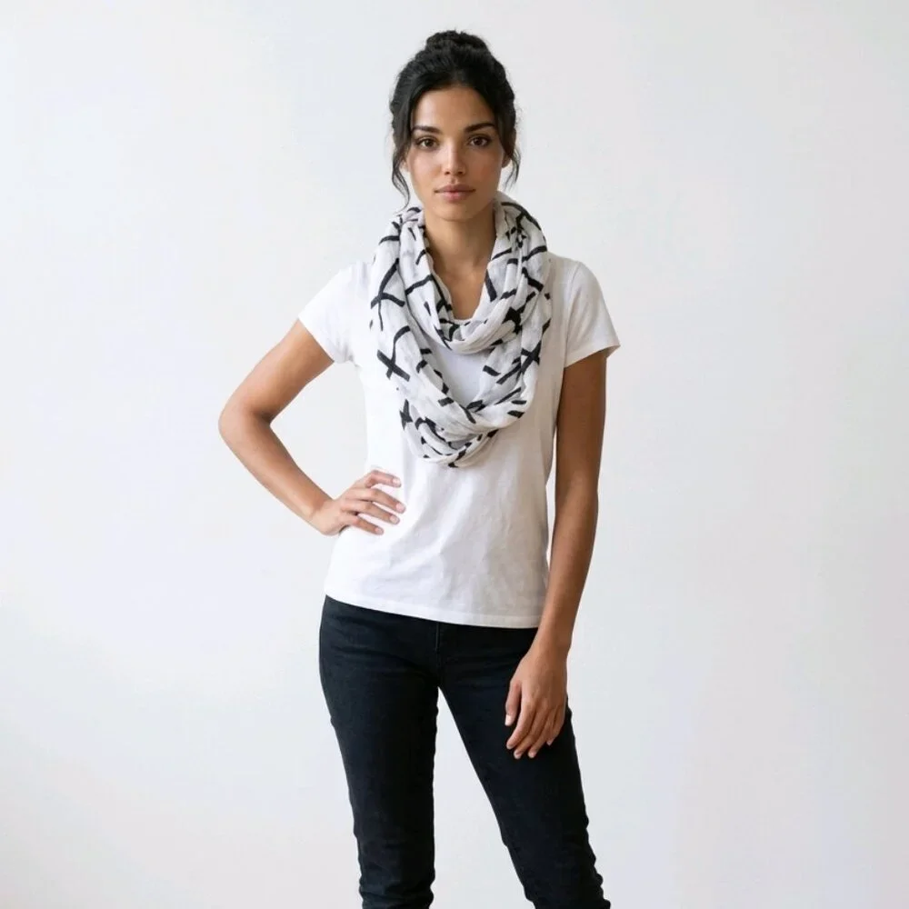 Black‎ and White Cross Designed Circular Scarf in Lightweight Cotton  -